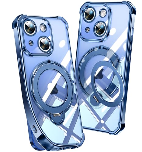 Image of Soft Case for iPhone 15 with 360 Rotating Magnetic Stand, Compatible with Mag-Safe, 4X MIL-Drop Protection, Lightweight Glossy Anti-Yellowing Clear Back Phone Cover for iPhone 15 6.1 inch, Blue