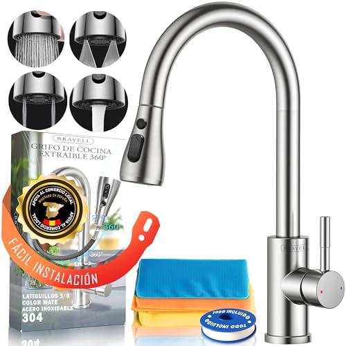BRAVELL Grifo Cocina Extraible, Grifo Cocina Fregadero con 4 Modos Giratorio 360° Torneira Cozinha Monomando, Acero Inoxidable Mate, Latiguillos 3/8, Instalación Fácil y Completa