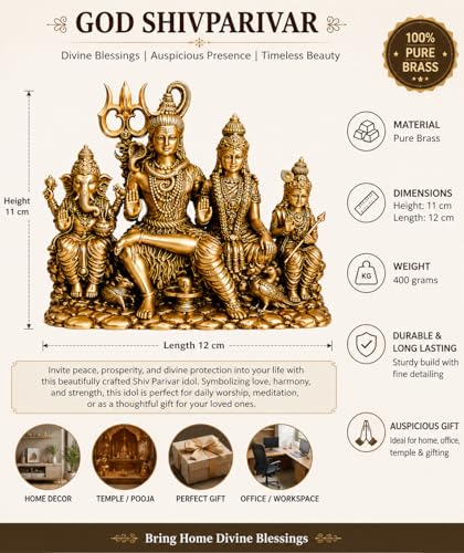 Image of TrueHome Essential Handcrafted Shiv parivar murti for Home puja (11 cm) - Lord Shiva, Parvati, Ganesha & Kartikeya Murti for Home Temple & Vastu Decor 400g