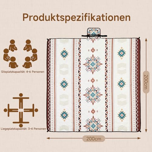 HAUSPROFI Picknickdecke Wasserdicht & Isoliert 200x200 cm Große Picknick Decke mit 3 Lagen Camping Decke Reißfest, 4 Heringe mit Tragegriff & Schultergurt Maschinenwaschbar für Strand, Park, Camping