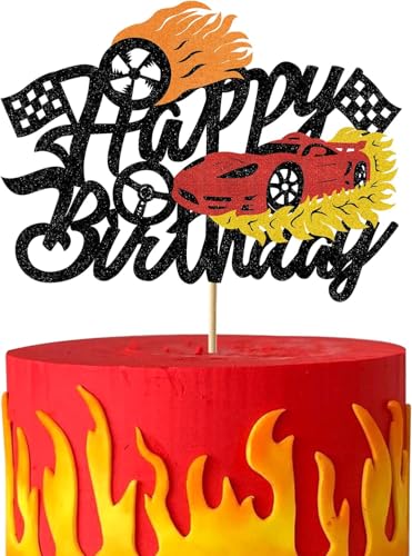 Confetti! Flame Fire Cake Topper Race Car Decorations Glitter Red Hot Toppers for Boys Girls Racing Theme Birthday Party Supplies for Kids Baby Shower