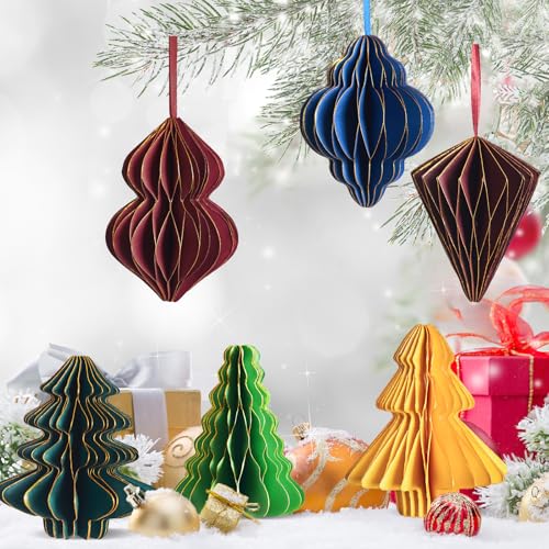 EASY JOY 6 piezas de decoración para árbol de Navidad, árbol de Navidad de papel, decoración colgante de panal de papel, decoración de mesa de Navidad, bolas de Navidad para decoración del árbol de