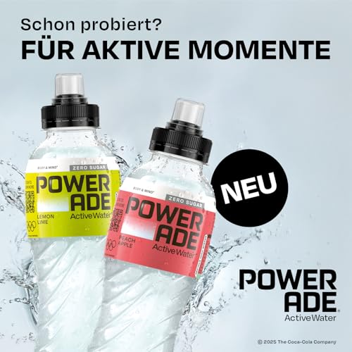 Powerade Active Water Pfirsich-Apfel - kalorienfreies, zuckerfreies Erfrischungsgetränk mit Vitamin B3 und B6 - Sportgetränk mit Mikronährstoffen in Einweg Flaschen (12 x 500 ml)