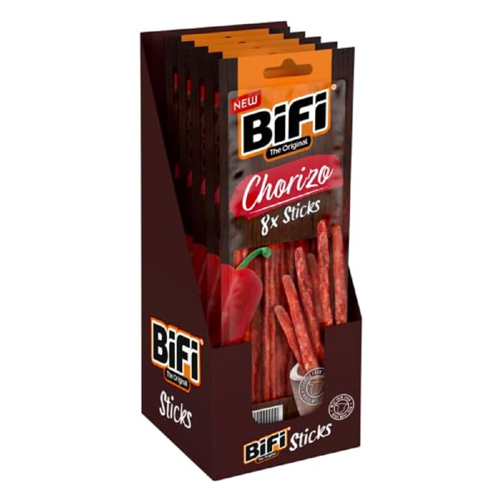 BiFi Rustic Sticks Chorizo - 8er Pack (8 x 80 g) –-Würziger Salami Snack im rustikalen Stil - Proteinreicher Fleisch Snack mit Paprika und Knoblauch für unterwegs Büro und Zuhause - zum Teilen