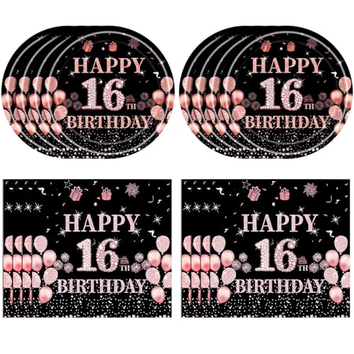 Juhap 16th Birthday Decorations for Girls Her Rose Gold Happy 16 Years Old Birthday Party Supplies Including 20 Plates 20 Napkins 16 Girl Birth Tableware for Sweet Teenager Party