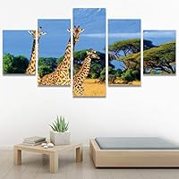 SIGNWIN 5 Panel Canvas Wall Art Modern Art Animals Dramatic Giraffe Lion Multicolor Photography Southwest for Home Decorations Ready to Hang - 60