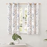 BGment Short Linen Curtains for Small Window 45 Inch Length 2 Panels, Boho Light Filtering Privacy Curtains for Farmhouse Bedroom Basement Bathroom, Cottage Leaf Design, Each 42 Inch Wide, Navy