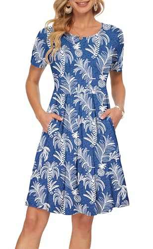 Image of AUSELILY Women's Short Sleeve Pleated Swing Summer Dress with Pockets | Knee-length short sleeve dress, empire waist & pockets, ideal for casual daily wear and vacation
