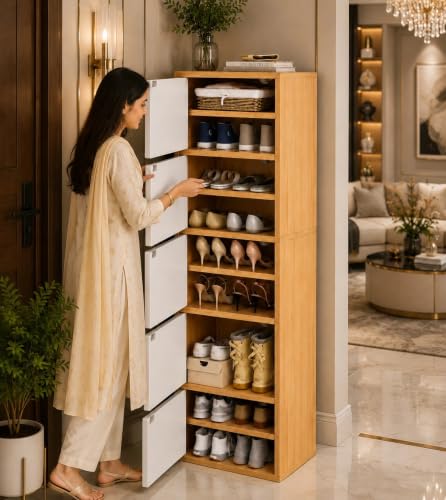 Image of Mevigo-Wooden Shoe Rack with 5-Door -Tall Shoe Cabinet with Doors, 9-Tier Freestanding Shoe Storage Organizer for Entryway, Engineered Wood Shoe Stand Cabinet, Space-Saving Narrow Shoe Rack Wooden