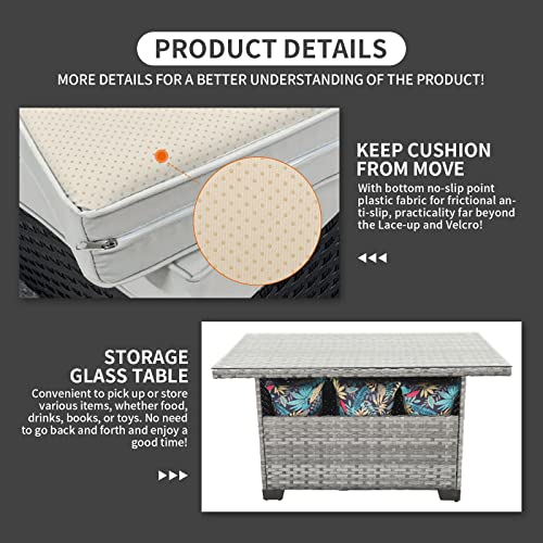 9-Piece Outdoor Sectional Wicker Furniture Set Patio Furniture Conversation Couch Set Storage Glass Table With Thicken(5") Anti-Slip Grey Cushions Furniture Cover #TOP2