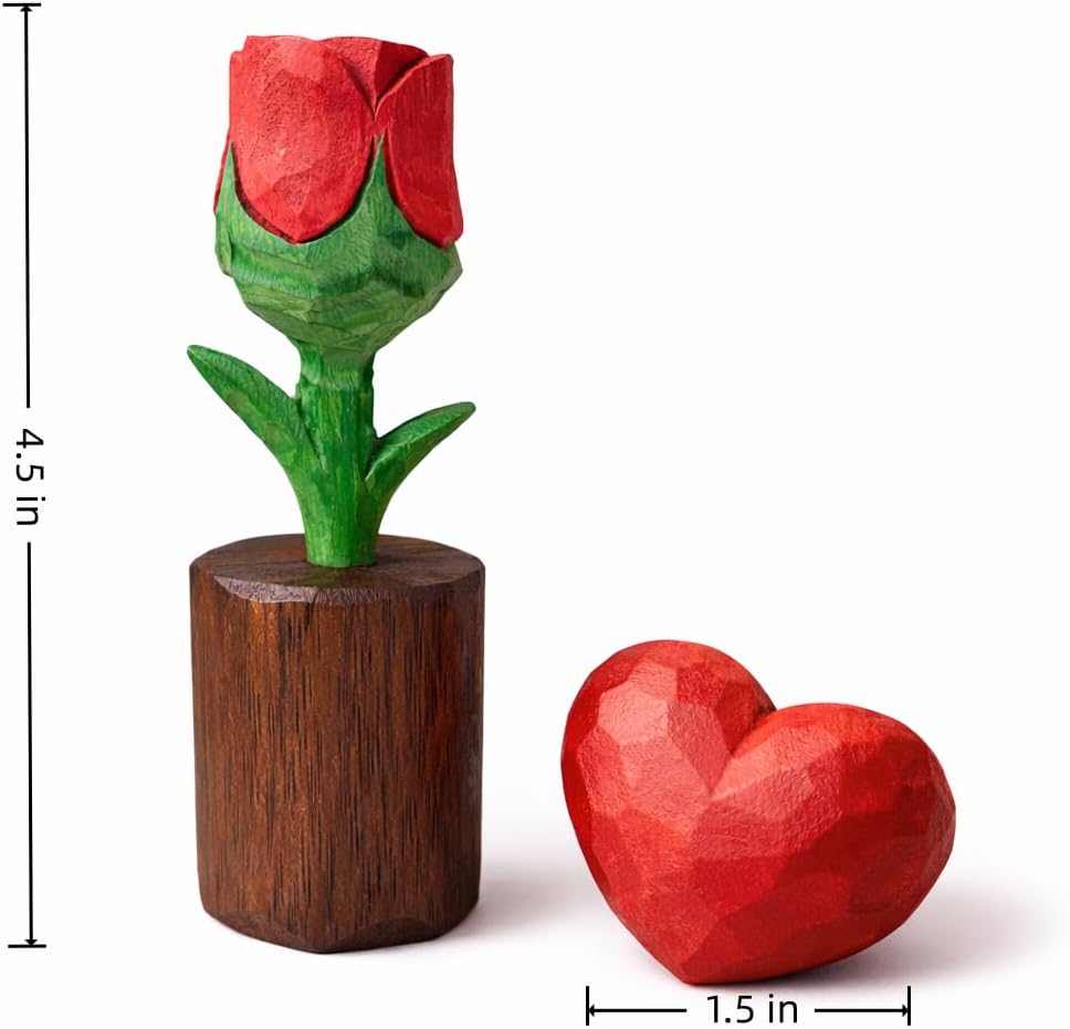 Hand-Carved Wooden Flower with Red Heart - Handcrafted Everlasting Wood Sculpture - 5th Anniversary, Valentine's Day, Birthday Gift for Her - Gift Box Included (Red Rose)