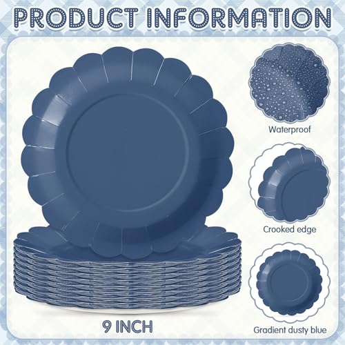 Tiangrid 60 Pcs Dusty Blue Paper Plates 9 Inch Blue Scalloped Disposable Round Dessert Paper Plates Party Decoration for Margs and Matrimony Bachelorette Party Women Birthday Baby Shower Wedding - Thumbnail 4
