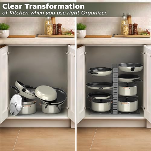 Image of Amazon Brand - Umi Pot & Pan Organizer Rack for Cabinet - Stackable Adjustable Cookware Organizer with Pot Lid Holder, Heavy-Duty Pan Rack for Kitchen Cabinet Storage