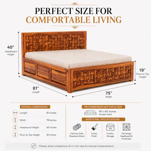 Image of SHISSO Solid Sheesham Wood King Size Bed with Storage Box | Wooden King Size Double Bed Cot Palang with Storage | Furniture for Bedroom,Home,Hotel | Niwar Design | Honey Finish