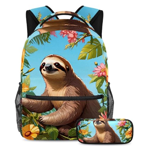 Sac à dos paresseux avec motifs fleurs et trousse scolaire assortie grand format