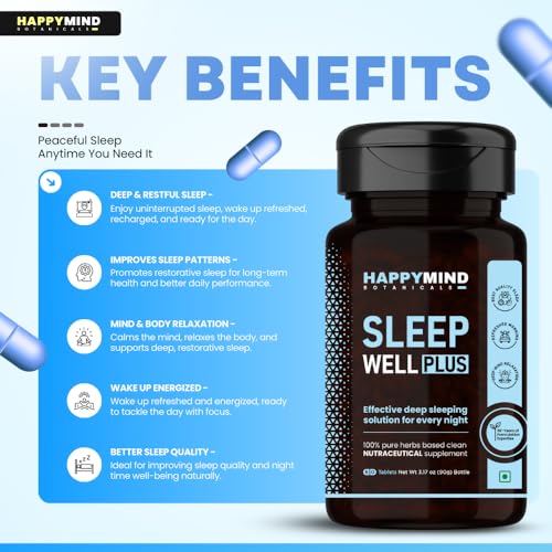 Image of HappyMind Botanicals Sleep Well Plus | Ayurvedic Melatonin Deep Sleeping Tablets | Anti- Anxiety Calm Sleeping Pills for undisturbed Restful Night | Tagar, Ashwagandha, Jatamansi | 60 Vegan Tablets