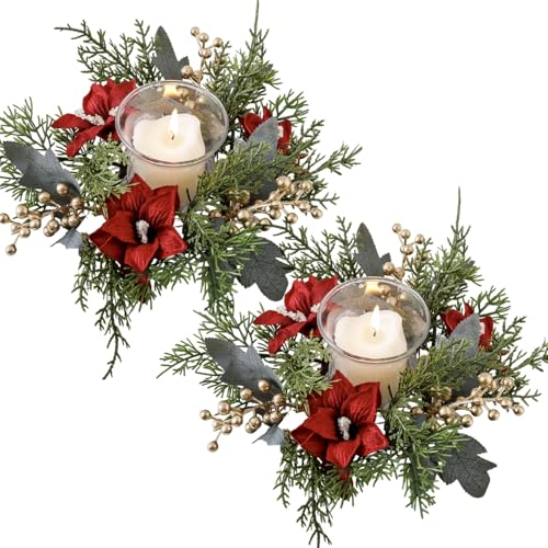 Anillos de Velas de Navidad 2 Piezas de 10 Pulgadas Corona de Velas realistas Artificiales con Agujas de Pino, Flores Rojas y Bayas de Oro centros navideños para Mesa, Fiesta, Boda