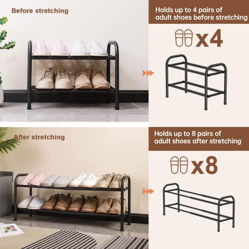 Image of Gonfoam Expandable 2-Tier Shoe Rack for Closet and Entryway, Black | Tool-Free Assembly, Metal Material, Adjustable Shoe Organizer, Sturdy, Small Space Solution, Dorms, Garages, Apartments.