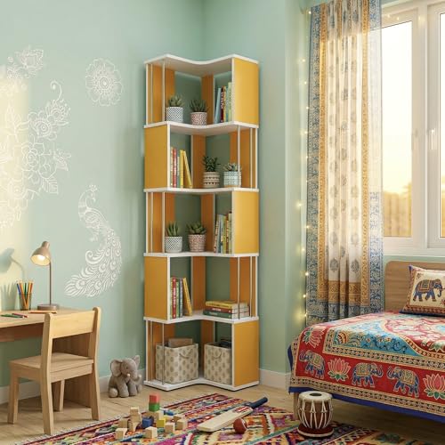 Image of Studio Kook Vista Engineered Wood Corner Bookshelf | Bookcase (Matte Finish) (Sunshine Yellow)