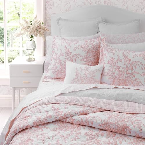 Image of Laura Ashley - Queen Quilt Set, 100% Cotton Cover with Cotton Blend Fill, Prewashed for Softness, Reversible Floral Bedding with Matching Shams (Pink)