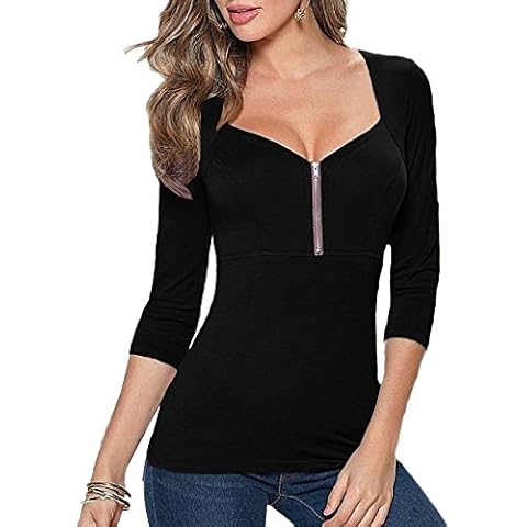 Afibi Women's Square Neck Zip Front Empire Waist Blouse Tees Tops (Small, Black) Cover