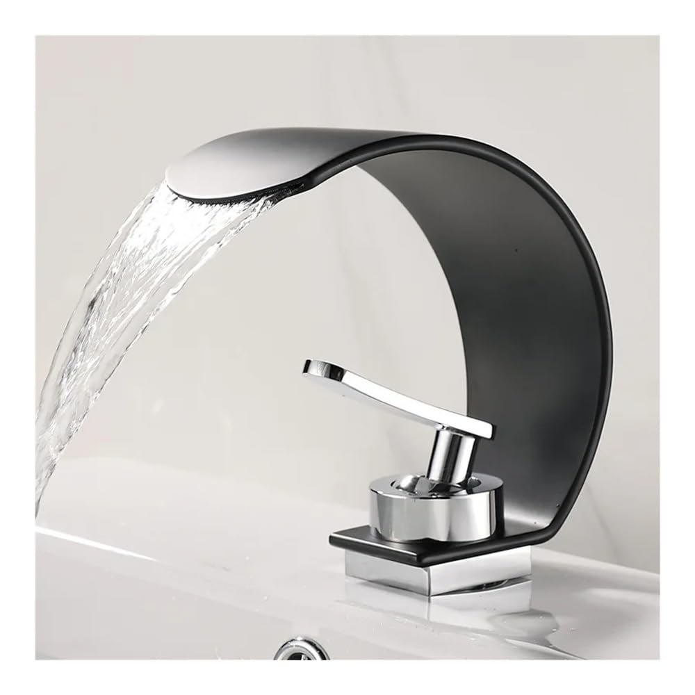 Basin Faucet White/Black/Chrome C-Shaped Waterfall Faucet washbasin Hot and Cold Bathroom Sink wash Faucet W3047(Black)