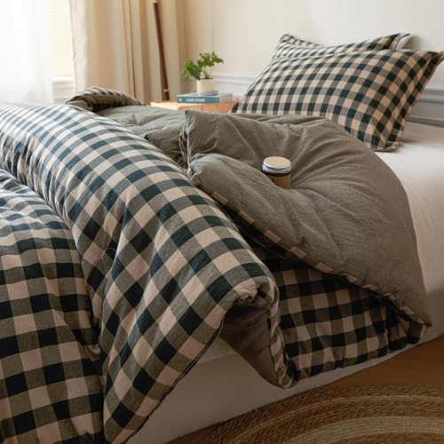 Image of Cyusri Cotton Plaid Full Comforter Set - Soft Lightweight Bedding 3 Pieces Dyed Bed Set with 2 Pillow Shams,Reversible All Season Farmhouse Down Alternative(Full Size 80 inchx90 inch Dark Green)