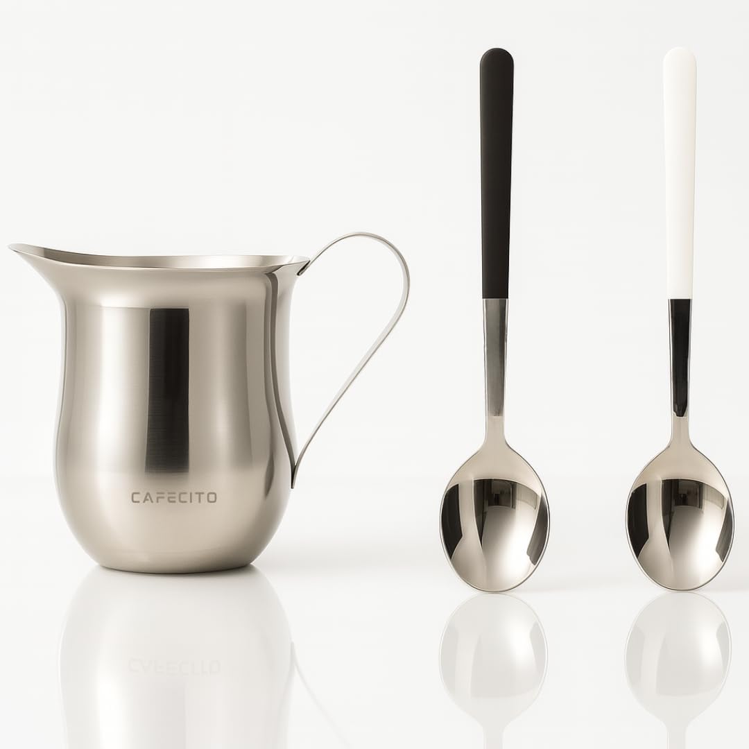 CAFECITO® Espumita Ritual Set – Cuban Coffee Preparation Tools with 6 oz Stainless Steel Crema Pitcher & 2 Espresso Whisking Spoons (Black & White) – Authentic Cafecito