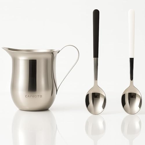 CAFECITO - Juego de 2 cucharas y jarra de crema espresso | Juego de 2 cucharas de acero inoxidable de 6 onzas y 2 cucharas Cafecito Espresso Coffee