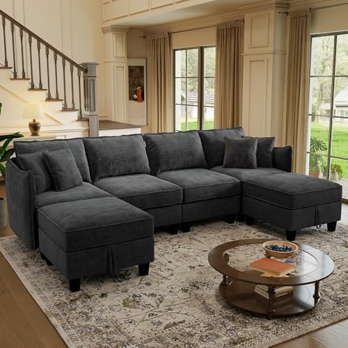 WorthFurni 112" Modular Sectional Sofa U Shape Couches with Storage Ottoman and Washable Cushion Cover for Living Room, Bedroom, Apartment(Black) - image 1