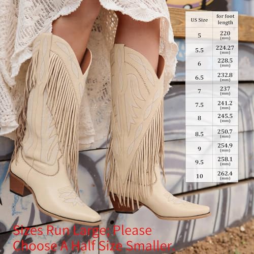 Image of Cowgirl Boots Women Retro Pull On Block Chunky Suede Fringe Cowboy Boots | Pointed Toe,Concert Outfits Knee High Western Boot, Country Boots,Tall Boot for ladies Party concert