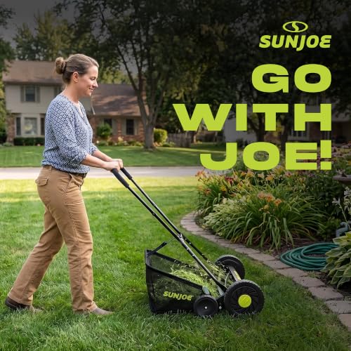 Image of Sun Joe Manual Push Reel Lawn Mower with 8.5-Gal Grass Catcher, 20-Inch Cutting Width - Heavy-Duty Yard Trimmer Machine for Gardening Care and Maintenance, MJ502M