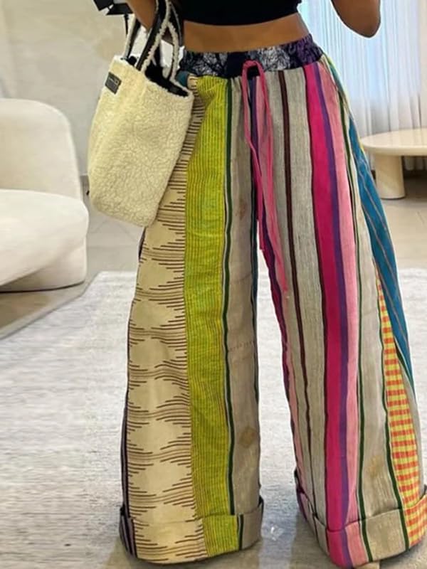UOOZEE Women's Boho Patchwork Wide Leg Pants Colorful High Waisted Drawstring Palazzo Trousers Summer Beach Lounge Pants3