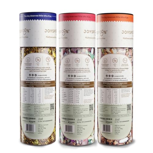 Image of JoySpoon Mukhwas Combo | Seven Seeds, Rose Bliss & Almond Delight | Supari Free Mouth Freshener | Traditional Indian After-Meal Digestive Snack | No Artificial Colors or Preservatives | Pack of 3x100g