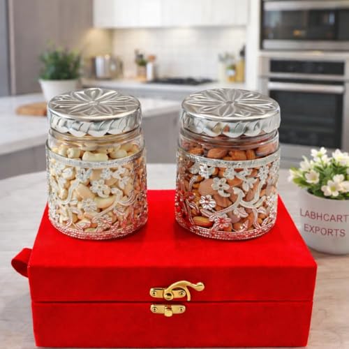 Image of LABHCART Glass Storage Jars with Metal Lids, Floral Design, Set of 2, with Red Gift Box