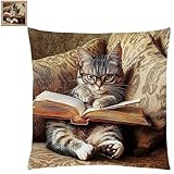 Fanxvivy Stamped Cross Stitch Kits for Adults Beginners Pillow Needlepoint Kit with Embroidery Pattern Needlework Kit Prestamped Stitches Kit 11CT Cross Stitching-Cat Reading 18x18 inch