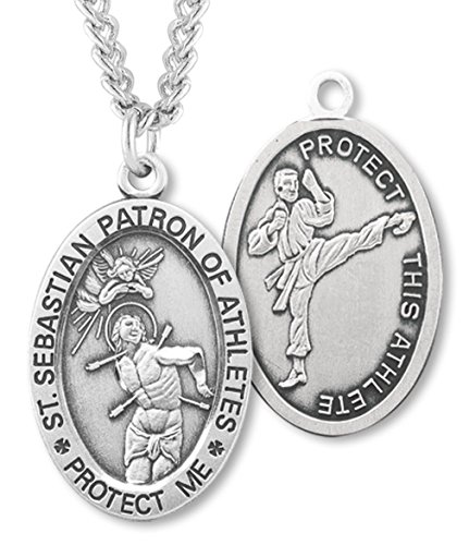 Men's Sterling Silver Oval Saint Sebastian Martial Arts Necklace With 24" Sterling Silver Chain & Clasp #TOP7