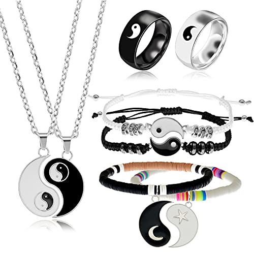 8Pcs Best Friend Tai Chi Yin Yang Necklace Bracelet Stainless Steel Rings Set BFF Friendship Moon Star Adjustable Cord Him and Her Jewelry Gift Size 8