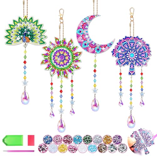 4pcs Diamond Art Kits for Kids/Adults, Arts and Crafts for Kids Ages 8-12, Birthday Gifts for 6 7 8 9 10 11 Year Old Girl, Paint by Numbers Kit for Kids Wind Chimes Gem Art Crystal Window Sun Catcher