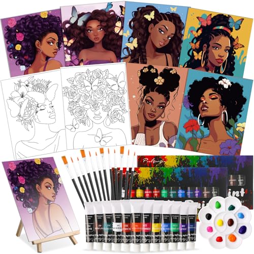 Cholemy 36 Pcs Paint and Sip Kit for Adults 8x10 Pre Drawn Canvas for Painting DIY Afro Acrylic Painting Kit Wood Easel Brushes Date Night Bulk for Summer 4th of July Party Gift(Sunshine Lady)