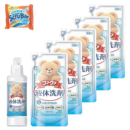 ファーファ 洗濯用 液体 洗剤 香り ひきたつ 無香料 本体 (500g) 1個 + 詰替 (400g) 5個 セット 固形 洗剤 ランドリースクラバー (お試し 75g) 付き