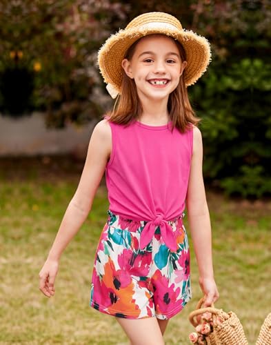 Image of Arshiner Girl's 2 Piece Outfits Tie Knot Tank Top and Paperbag Waist Pocketed Summer Short Sets
