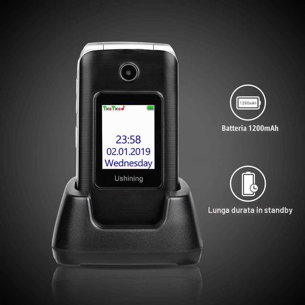Cellulare per Anziani con Tasti Grandi, Ukuu 3G Telefono per Anziani 2,8" + 1,77" Schermo Dual SIM Cellulare Anziani a Conchiglia Volume Alto,Facile da usare con Base di Ricarica - Nero