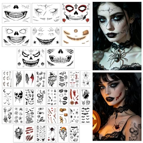Halloween Zombies Face Makeup Patches Horror Face Tattoo temporary Tattoo for Women Men Fake Tattoo Stickers Day of Dead Party Supplies Spider Web Bat Demon Ghost Gothic Punk 38 Sheets
