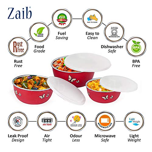 Image of Zaib Stainless Steel Microwave Safe Euro Mixing Bowl Set with Lid | Pack of 3 (14cm,16cm,18cm) | 500ml, 750ml, 1250ml | Snap-Fit White Lid (Red Butterfly 3)