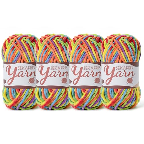 Image of 4 Pack Fluffy Velvet Yarn for Crocheting,Baby Blanket Yarn for Crocheting Soft,200g(262.4yds) Amigurumi Yarns,Plush Chenille Crochet Yarns,Puzzle Yarn for Crochet Weaving Craft(4 Rainbow)