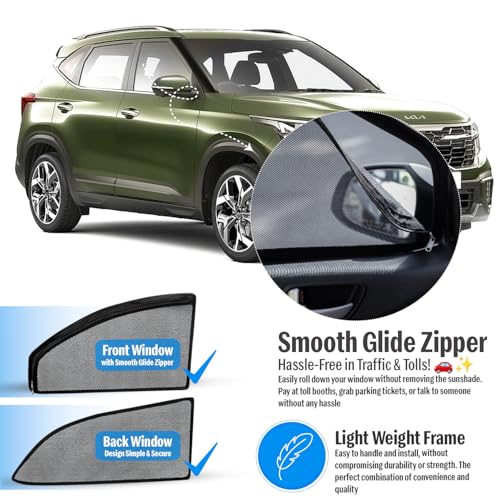 Image of Autofact Magnetic Car Sunshades Compatible with Kia Sonet (Set of 4) - Easy Installation, UV Protection, Keeps Car Cool (Front 2 with Zippers for Easy Access, Rear 2 Without Zippers)