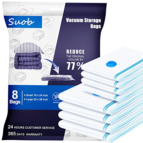 Suob Vacuum Storage Bags - 4 Pack (28 x 20inch) + 4 Pack (24 x 16inch) Space Saver Bags for Clothes Blankets Comforters - (8 Combo) Vacuum-Sealed, Double-Zip Seal Compression Bags for Maximum Storage