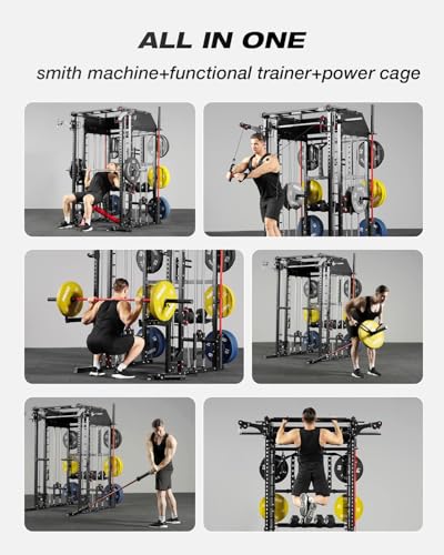 Image of Mikolo Smith Machine, Multi-Function Power Cage with Dual Pulley System, Vertical Leg Press Attachment, Squat Rack Power Rack with More Training Attachment for Home Gym