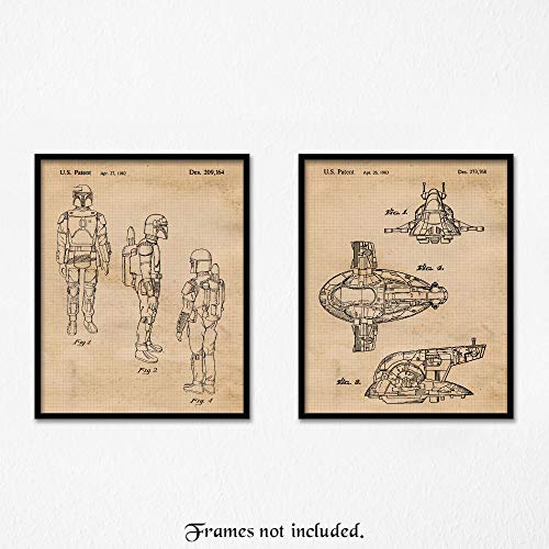Vintage Star Wars Boba Fett & Slave 1 Patent Poster Prints, Set of 2 (8x10) Unframed Photos, Wall Art Decor Gifts Under 15 for Home, Office, Man Cave, College Student, Teacher, Comic-Con & Movies Fan
